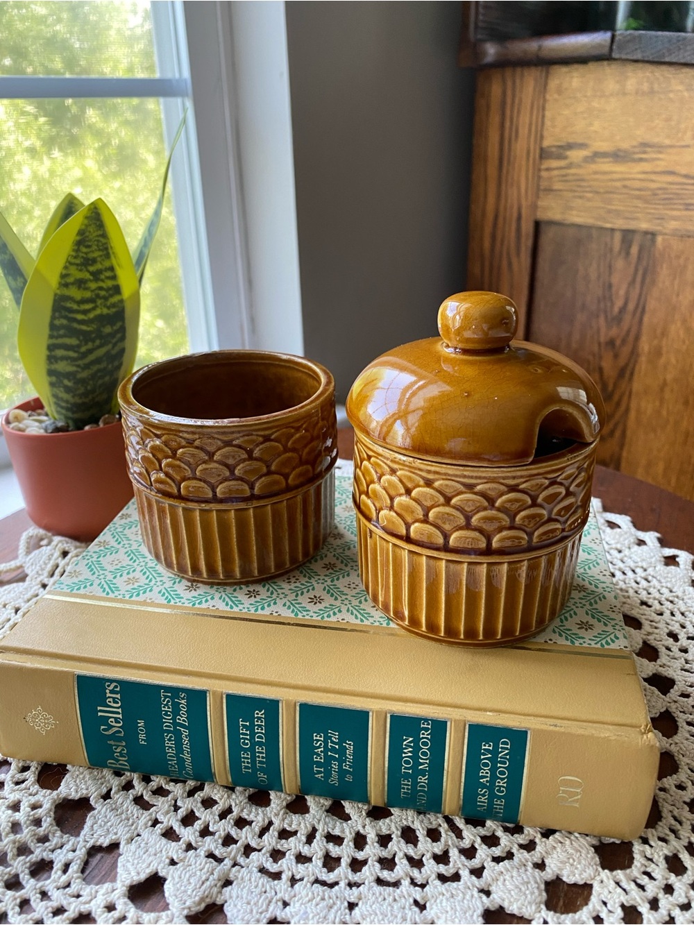 Vintage Japan Brown Glazed Ceramic Sugar Set